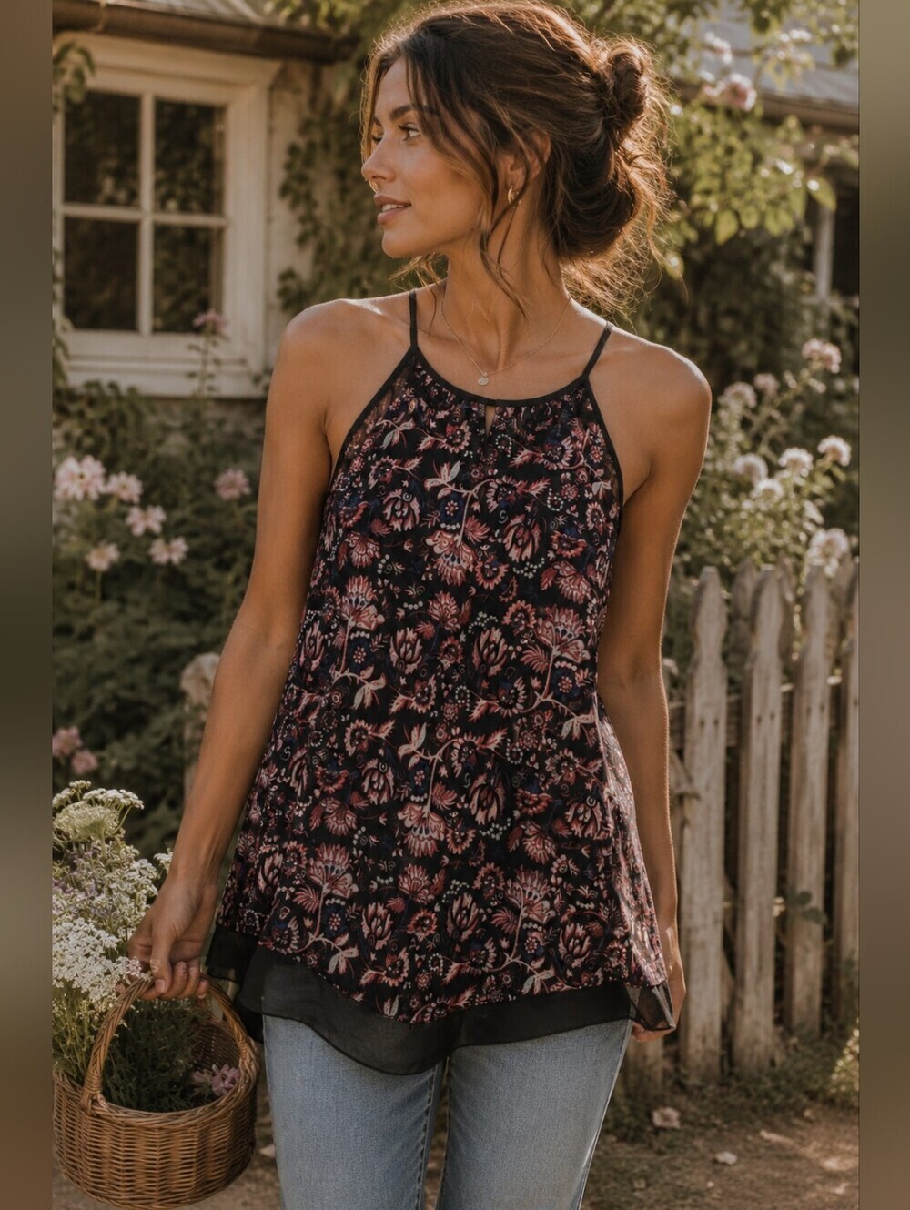 Boho Floral Sheer Tank Top Birds Lightweight Blouse Medium